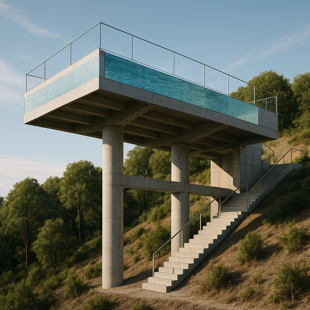 Photorealistic architectural rendering of a modern structural project designed with engineering software Feature a striking custom structure such as a hillside pool with deep foundations or a steelandglass pavilionplay tower in an urban park Use clea